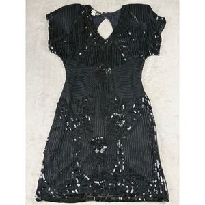 Vintage Carina Black Pure Silk Beaded Sequin Art Deco Flapper Mini Dress Medium